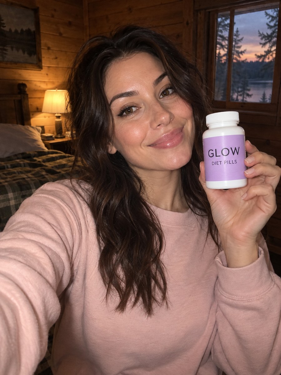 A fictional adult beauty influencer takes a selfie in a camp cabin, holding a bottle labelled GLOW DIET PILLS.