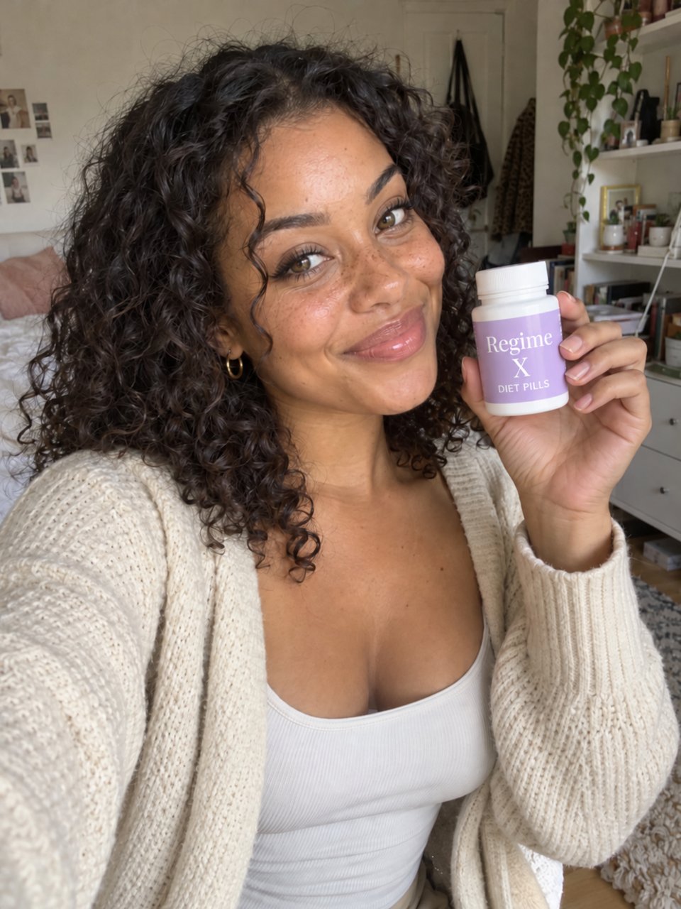 Willow, a fictional adult mixed-race beauty influencer, holding Regime X diet pills in a sponsored selfie